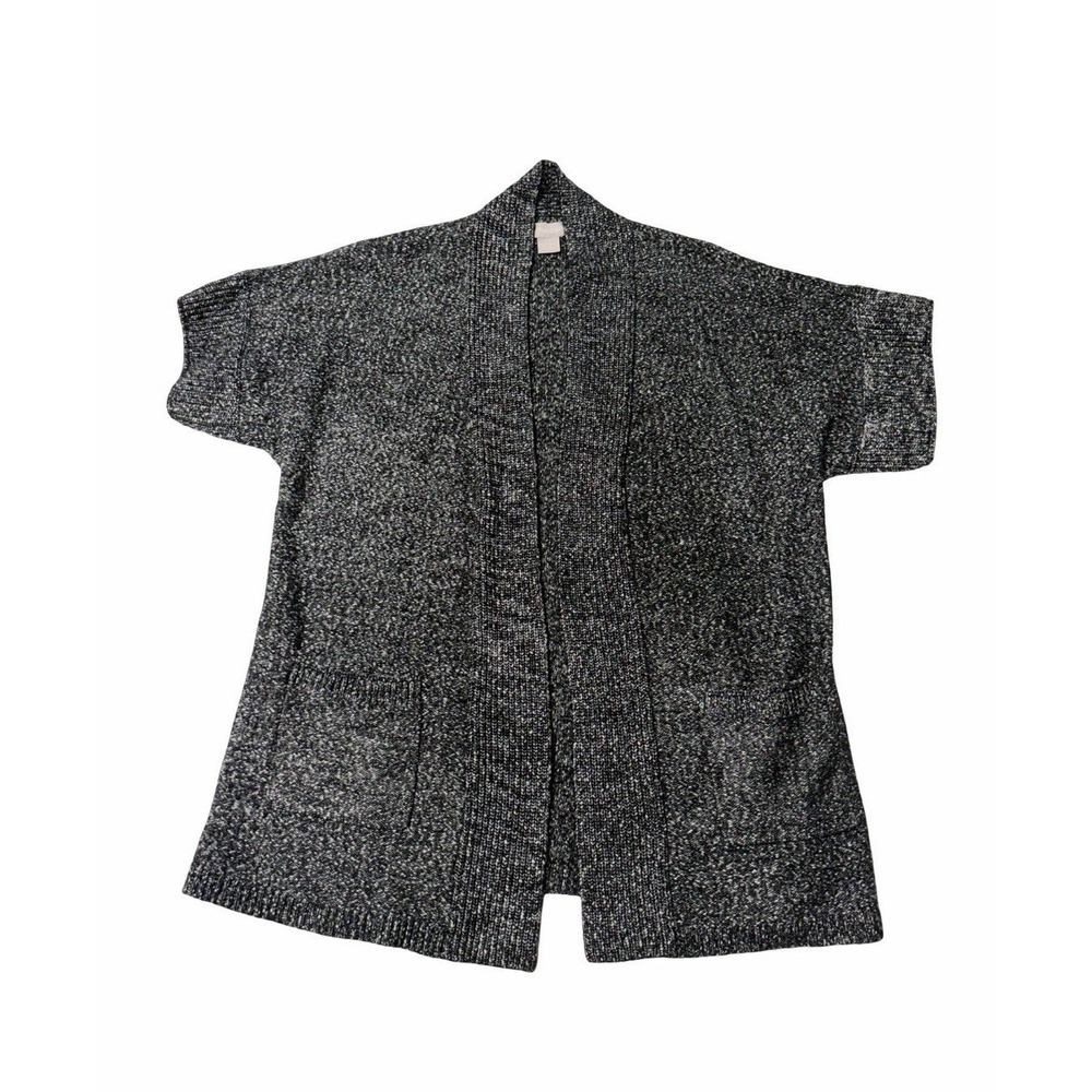 Chicos Size 1 Medium Gray Marled Knit Open Front Pockets Short Sleeve Cardigan